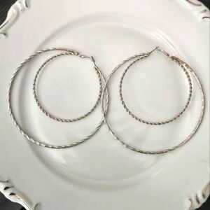 Large Silvertone Braid Rope Lightweight Hoop Earrings